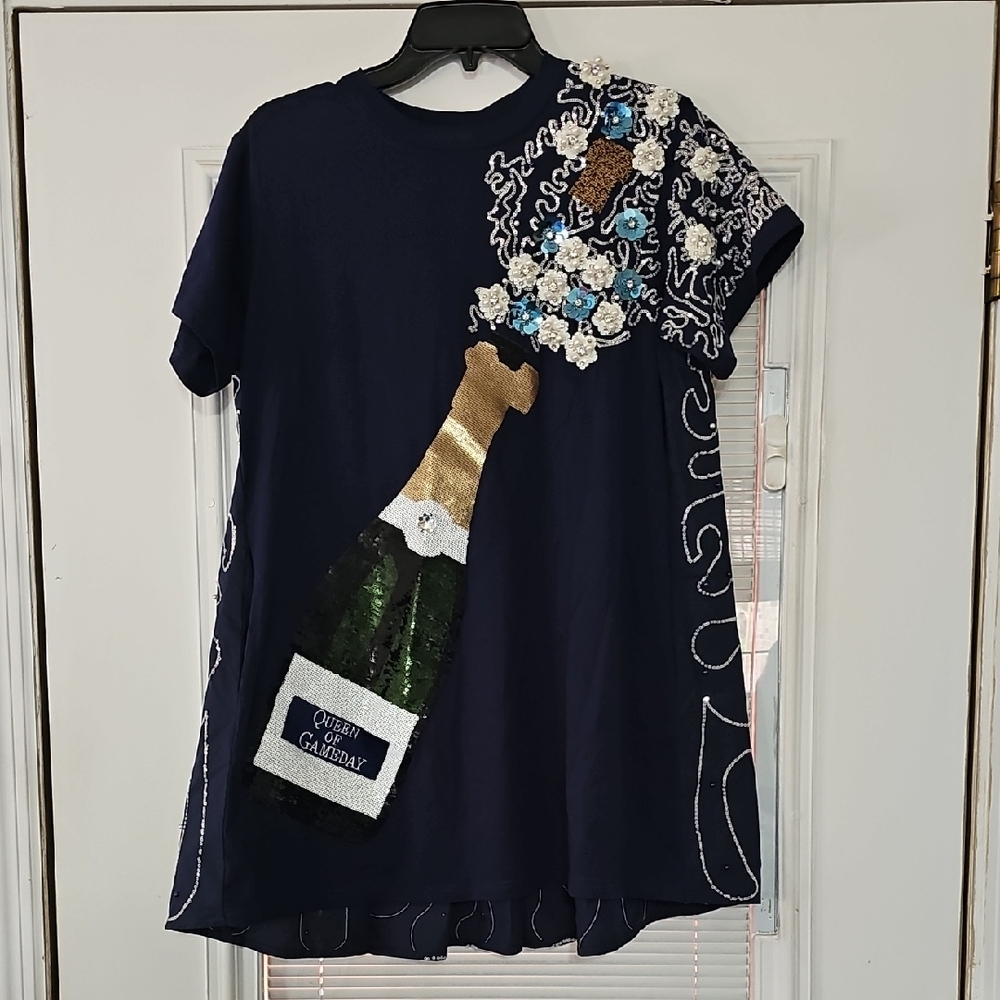 QUEEN OF SPARKLES Navy Sequin Champagne Bottle Tunic